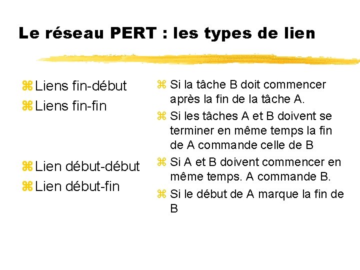 Le réseau PERT : les types de lien z Liens fin-début z Liens fin-fin