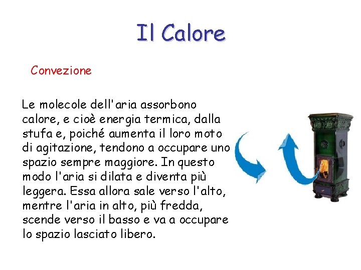 Il Calore Convezione Le molecole dell'aria assorbono calore, e cioè energia termica, dalla stufa