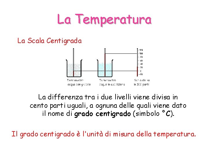 La Temperatura La Scala Centigrada La differenza tra i due livelli viene divisa in