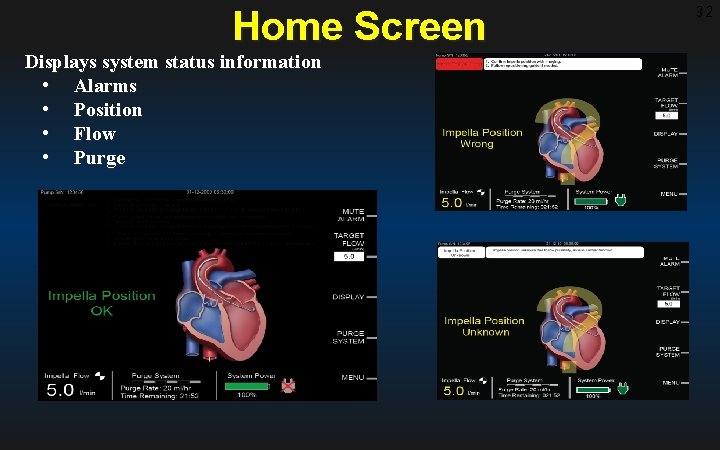 Home Screen Displays system status information • Alarms • Position • Flow • Purge