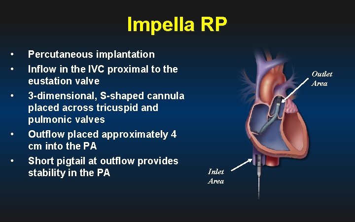 Impella RP • • • Percutaneous implantation Inflow in the IVC proximal to the