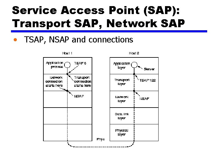 Service Access Point (SAP): Transport SAP, Network SAP • TSAP, NSAP and connections 