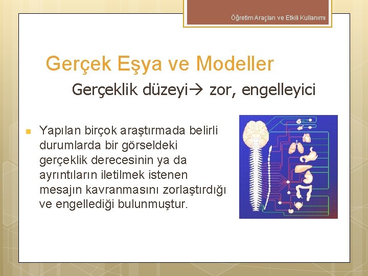 Öğretim Araçları ve Etkili Kullanımı Gerçek Eşya ve Modeller Gerçeklik düzeyi zor, engelleyici n