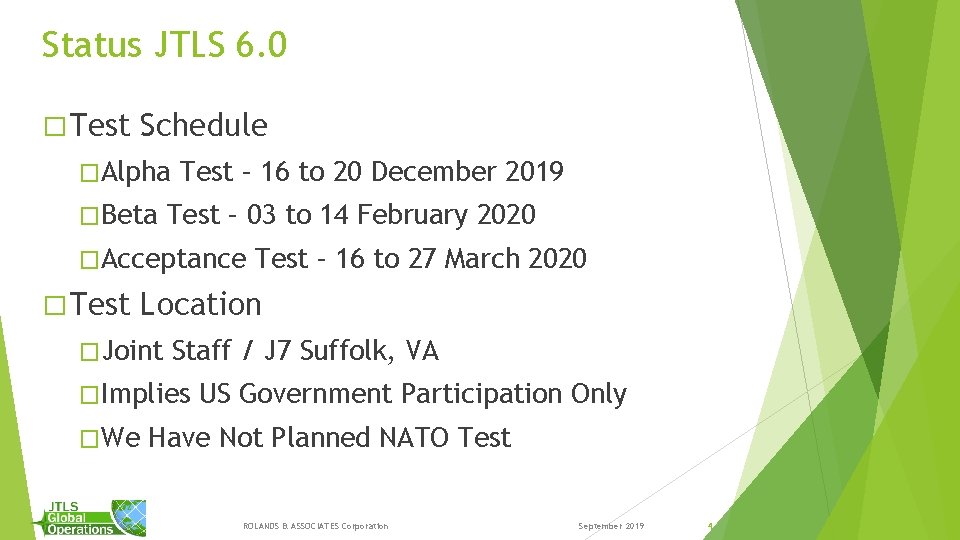 Status JTLS 6. 0 � Test Schedule �Alpha �Beta Test – 16 to 20