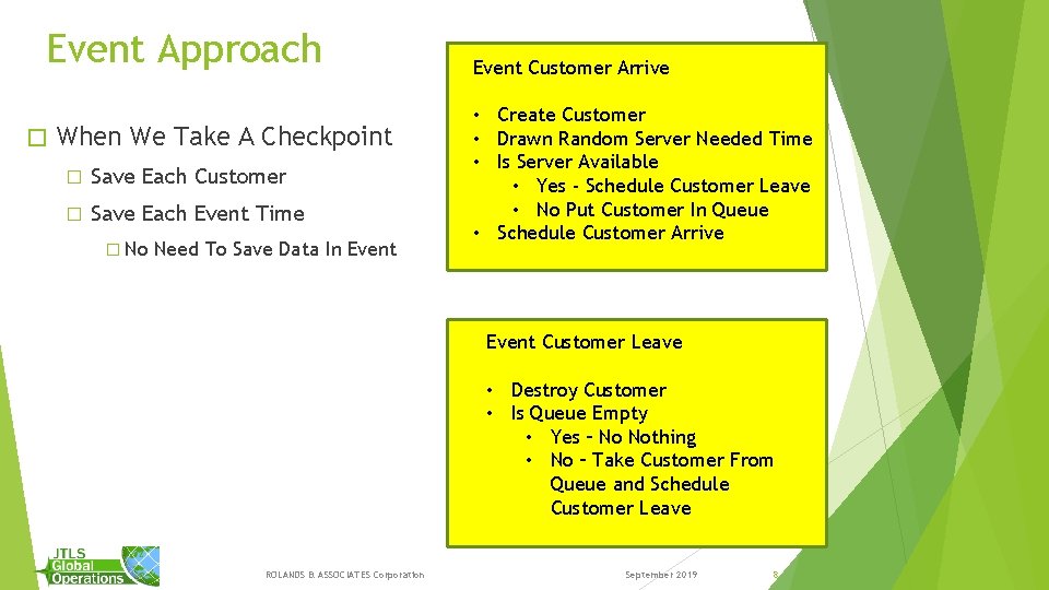 Event Approach � When We Take A Checkpoint � Save Each Customer � Save