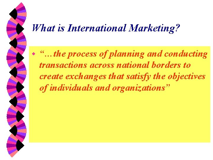 What is International Marketing? w “…the process of planning and conducting transactions across national