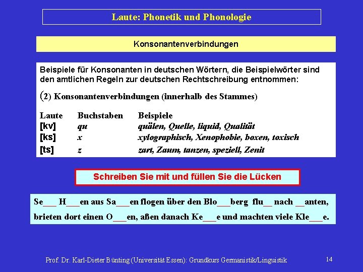 Laute: Phonetik und Phonologie Konsonantenverbindungen Beispiele für Konsonanten in deutschen Wörtern, die Beispielwörter sind