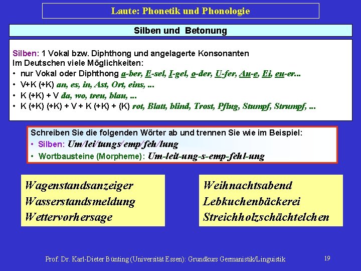 Laute: Phonetik und Phonologie Silben und Betonung Silben: 1 Vokal bzw. Diphthong und angelagerte