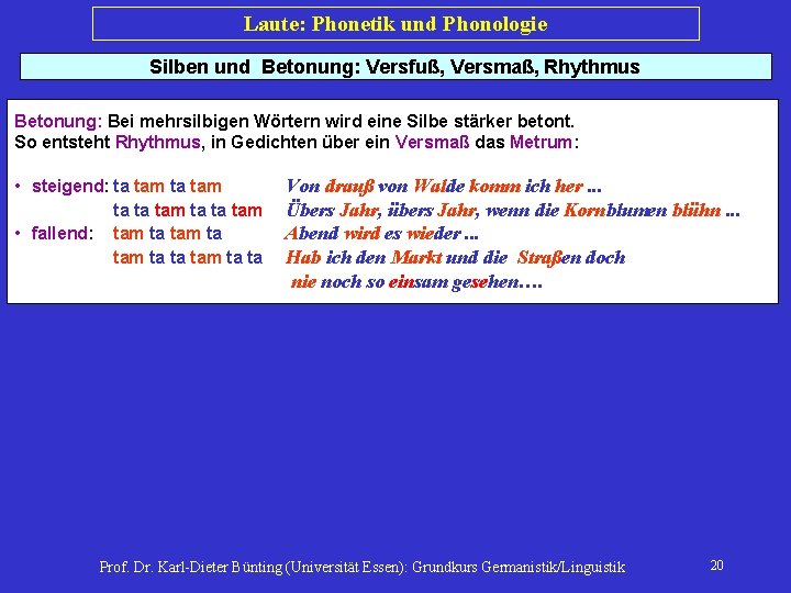 Laute: Phonetik und Phonologie Silben und Betonung: Versfuß, Versmaß, Rhythmus Betonung: Bei mehrsilbigen Wörtern