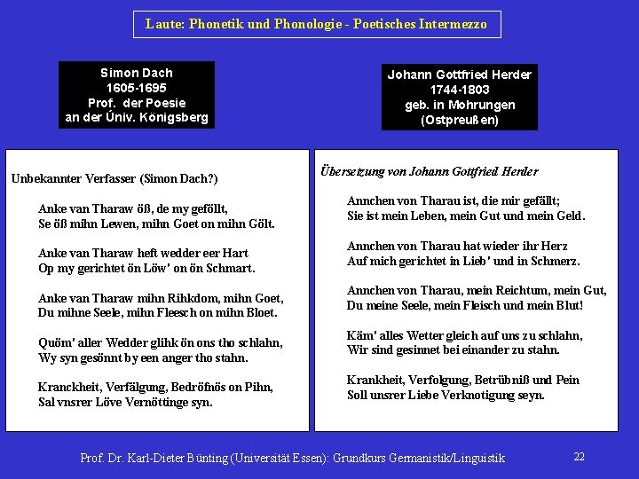 Laute: Phonetik und Phonologie - Poetisches Intermezzo Simon Dach 1605 -1695 Prof. der Poesie
