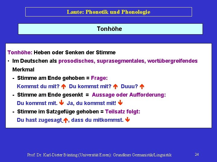 Laute: Phonetik und Phonologie Tonhöhe: Heben oder Senken der Stimme • Im Deutschen als