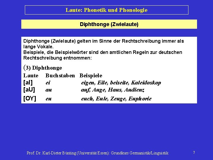 Laute: Phonetik und Phonologie Diphthonge (Zwielaute) gelten im Sinne der Rechtschreibung immer als lange