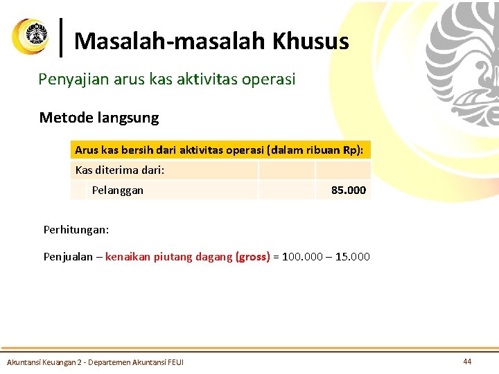 Masalah-masalah Khusus Penyajian arus kas aktivitas operasi Metode langsung Arus kas bersih dari aktivitas