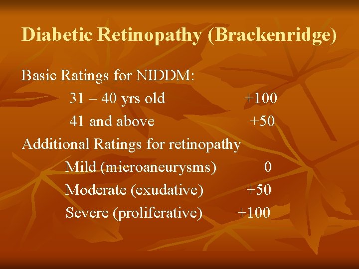 Diabetic Retinopathy (Brackenridge) Basic Ratings for NIDDM: 31 – 40 yrs old +100 41