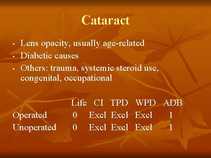 Cataract • • • Lens opacity, usually age-related Diabetic causes Others: trauma, systemic steroid