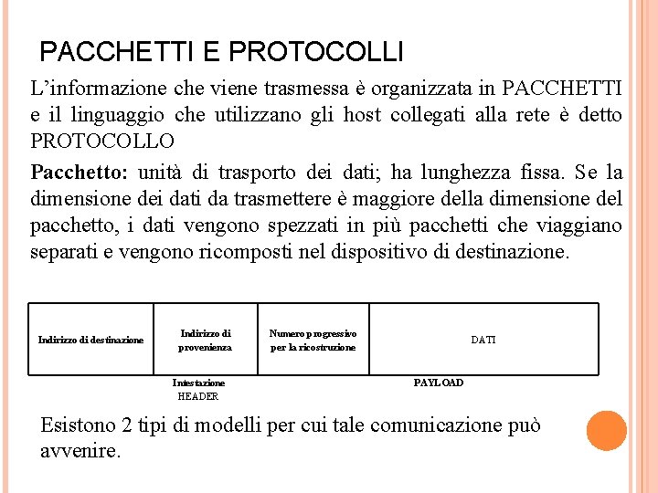 PACCHETTI E PROTOCOLLI L’informazione che viene trasmessa è organizzata in PACCHETTI e il linguaggio