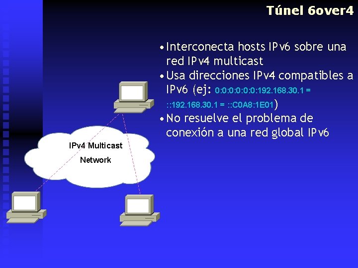 Túnel 6 over 4 • Interconecta hosts IPv 6 sobre una red IPv 4