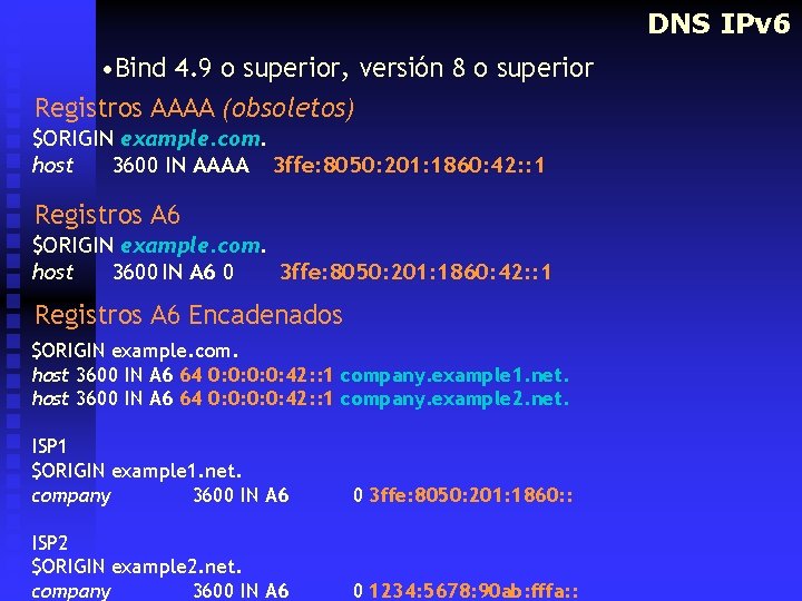 DNS IPv 6 • Bind 4. 9 o superior, versión 8 o superior Registros