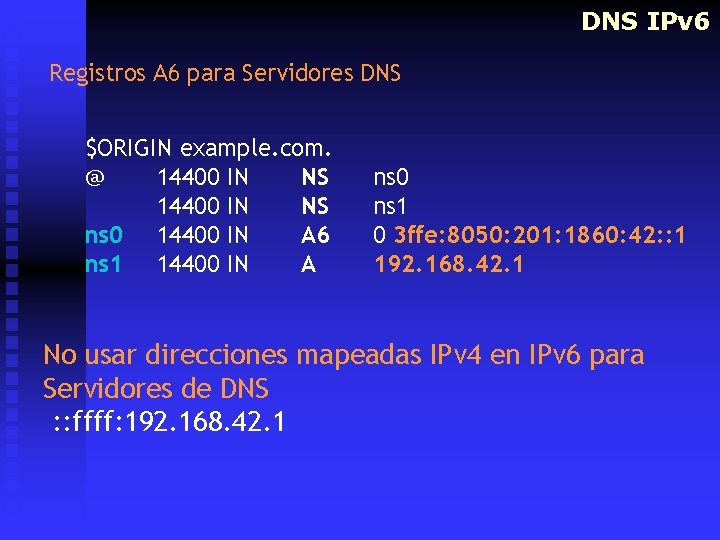 DNS IPv 6 Registros A 6 para Servidores DNS $ORIGIN example. com. @ 14400