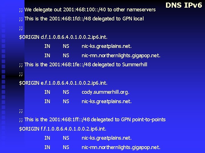 ; ; We delegate out 2001: 468: 100: : /40 to other nameservers DNS