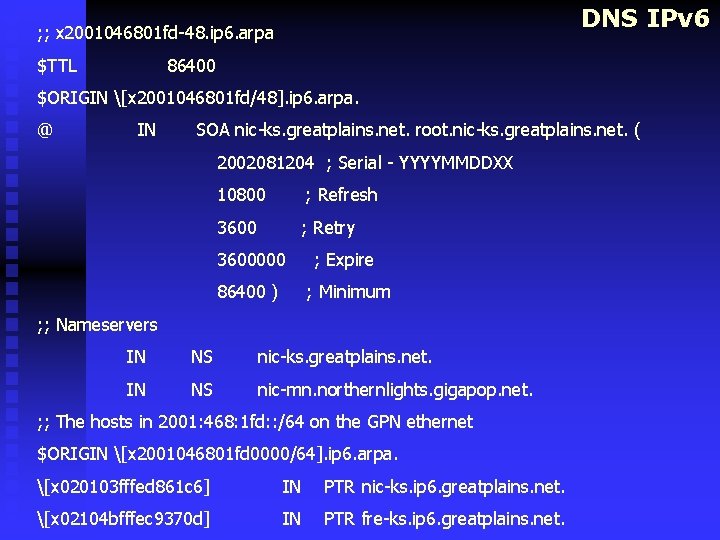 DNS IPv 6 ; ; x 2001046801 fd-48. ip 6. arpa $TTL 86400 $ORIGIN