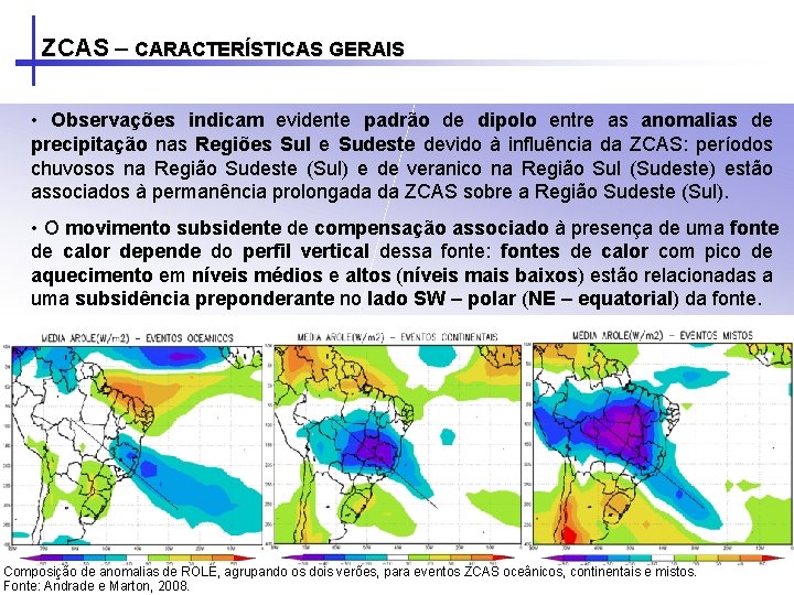 ZCAS – CARACTERÍSTICAS GERAIS • Observações indicam evidente padrão de dipolo entre as anomalias