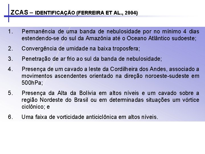 ZCAS – IDENTIFICAÇÃO (FERREIRA ET AL. , 2004) 1. Permanência de uma banda de