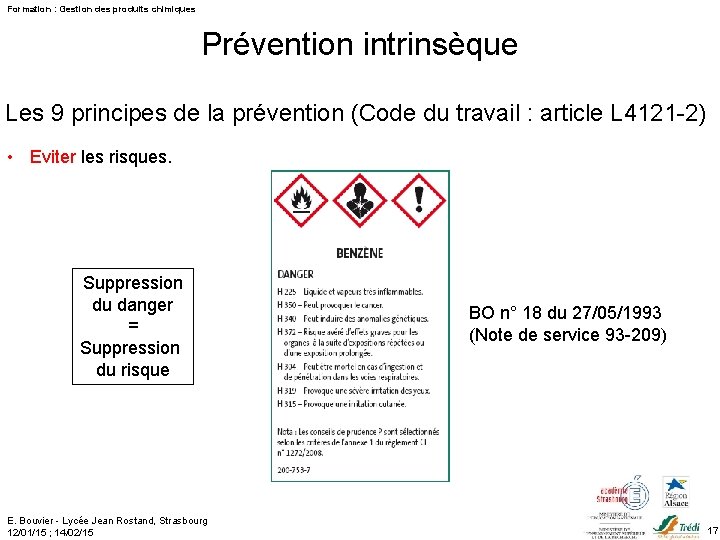 Formation : Gestion des produits chimiques Prévention intrinsèque Les 9 principes de la prévention
