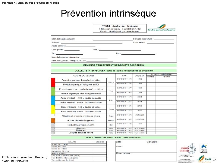 Formation : Gestion des produits chimiques Prévention intrinsèque E. Bouvier - Lycée Jean Rostand,