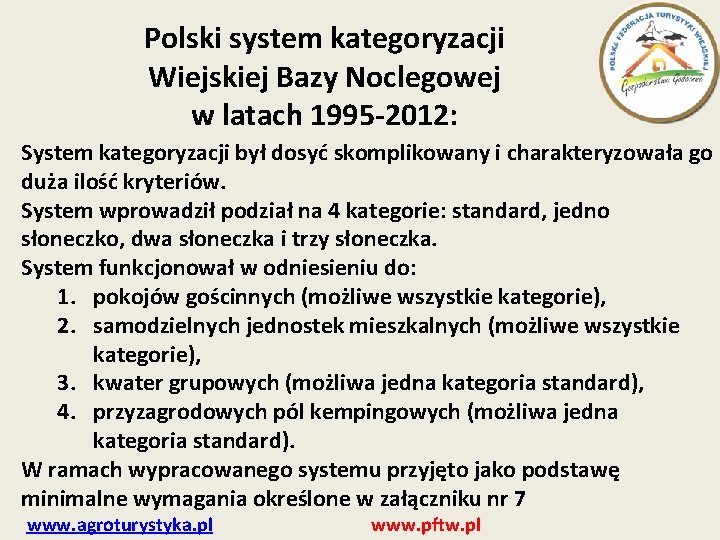 Polski system kategoryzacji Wiejskiej Bazy Noclegowej w latach 1995 -2012: System kategoryzacji był dosyć