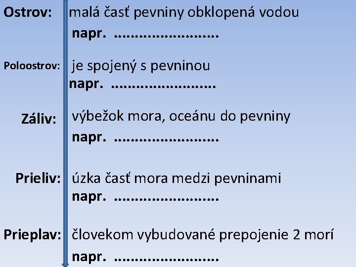 Ostrov: malá časť pevniny obklopená vodou napr. . . Poloostrov: je spojený s pevninou