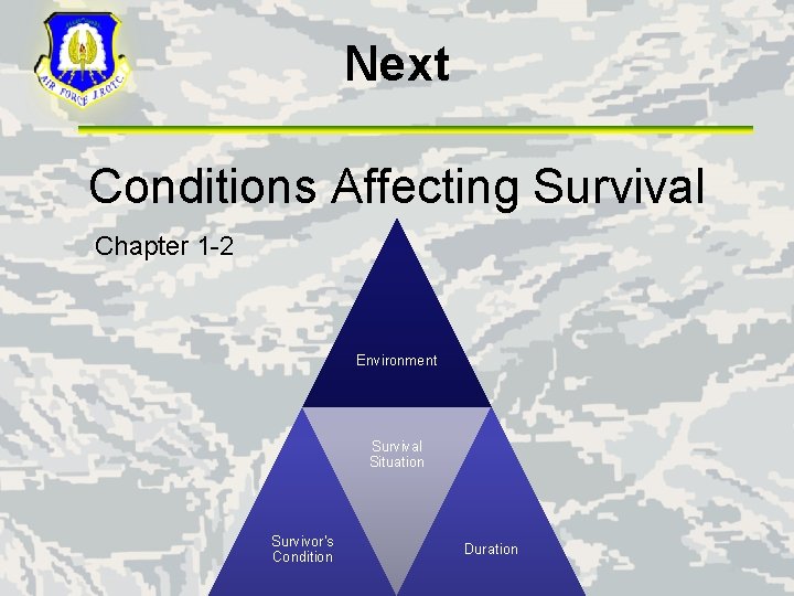 Next Conditions Affecting Survival Chapter 1 -2 Environment Survival Situation Survivor’s Condition Duration 