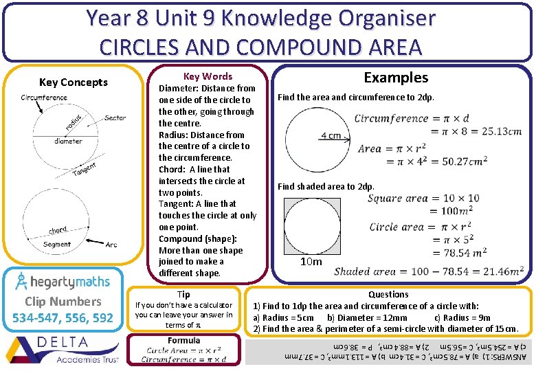 Year 8 Unit 9 Knowledge Organiser CIRCLES AND COMPOUND AREA Clip Numbers 534 -547,