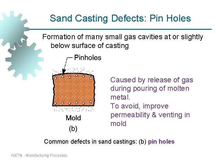 Sand Casting Defects: Pin Holes Formation of many small gas cavities at or slightly Sand Casting Defects: Pin Holes Formation of many small gas cavities at or slightly