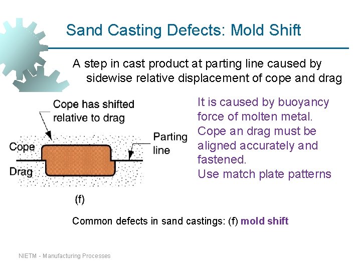 Sand Casting Defects: Mold Shift A step in cast product at parting line caused Sand Casting Defects: Mold Shift A step in cast product at parting line caused