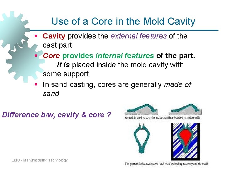 Use of a Core in the Mold Cavity § Cavity provides the external features Use of a Core in the Mold Cavity § Cavity provides the external features