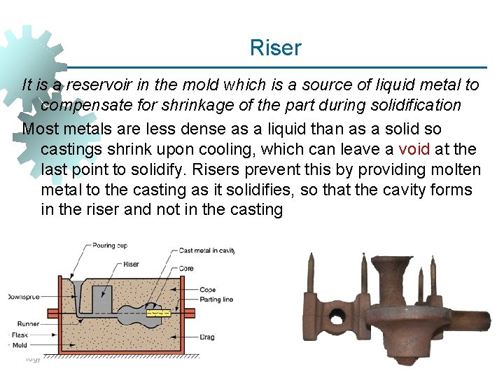 Riser It is a reservoir in the mold which is a source of liquid Riser It is a reservoir in the mold which is a source of liquid