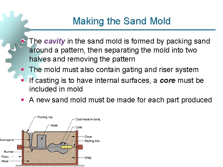 Making the Sand Mold § The cavity in the sand mold is formed by Making the Sand Mold § The cavity in the sand mold is formed by