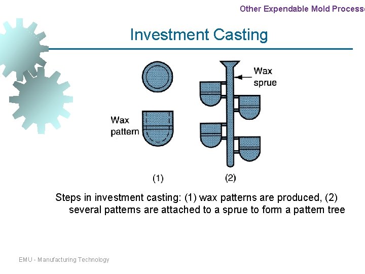 Other Expendable Mold Processe Investment Casting Steps in investment casting: (1) wax patterns are Other Expendable Mold Processe Investment Casting Steps in investment casting: (1) wax patterns are