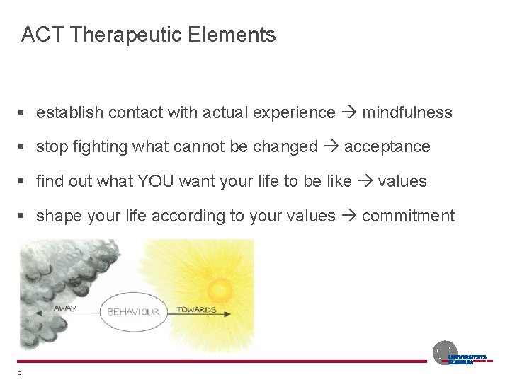 ACT Therapeutic Elements § establish contact with actual experience mindfulness § stop fighting what