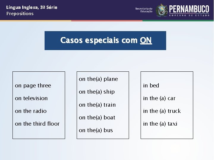 Língua Inglesa, 3ª Série Prepositions Casos especiais com ON on page three on television