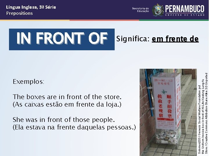 Língua Inglesa, 3ª Série Prepositions Significa: em frente de Exemplos: The boxes are in