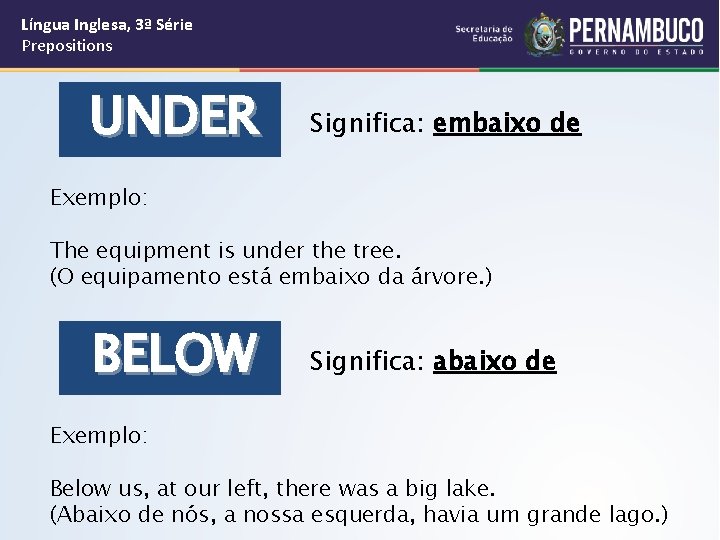 Língua Inglesa, 3ª Série Prepositions UNDER Significa: embaixo de Exemplo: The equipment is under