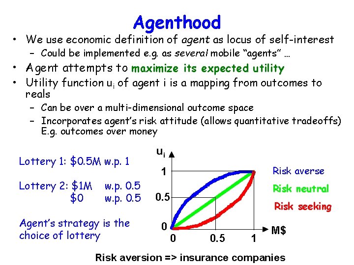 Agenthood • We use economic definition of agent as locus of self-interest – Could