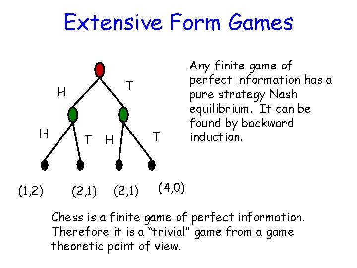 Extensive Form Games T H H (1, 2) T (2, 1) H (2, 1)