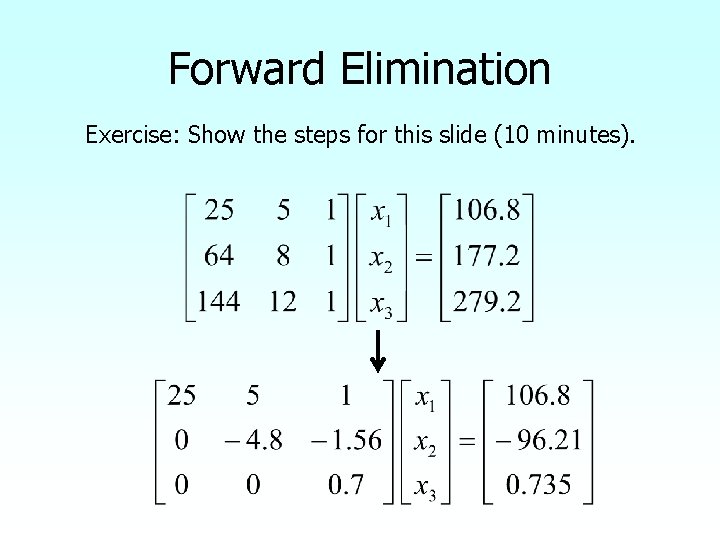 Forward Elimination Exercise: Show the steps for this slide (10 minutes). 