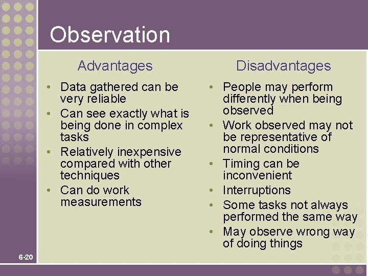 Observation 6 -20 Advantages Disadvantages • Data gathered can be very reliable • Can Observation 6 -20 Advantages Disadvantages • Data gathered can be very reliable • Can