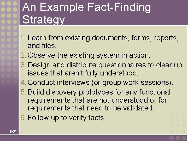 An Example Fact-Finding Strategy 1. Learn from existing documents, forms, reports, and files. 2. An Example Fact-Finding Strategy 1. Learn from existing documents, forms, reports, and files. 2.