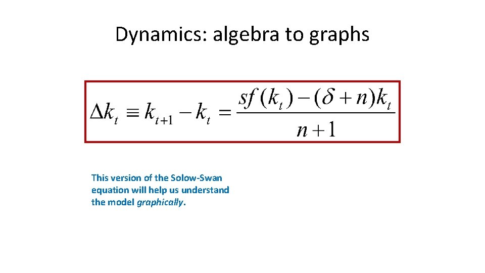 Dynamics: algebra to graphs This version of the Solow-Swan equation will help us understand Dynamics: algebra to graphs This version of the Solow-Swan equation will help us understand