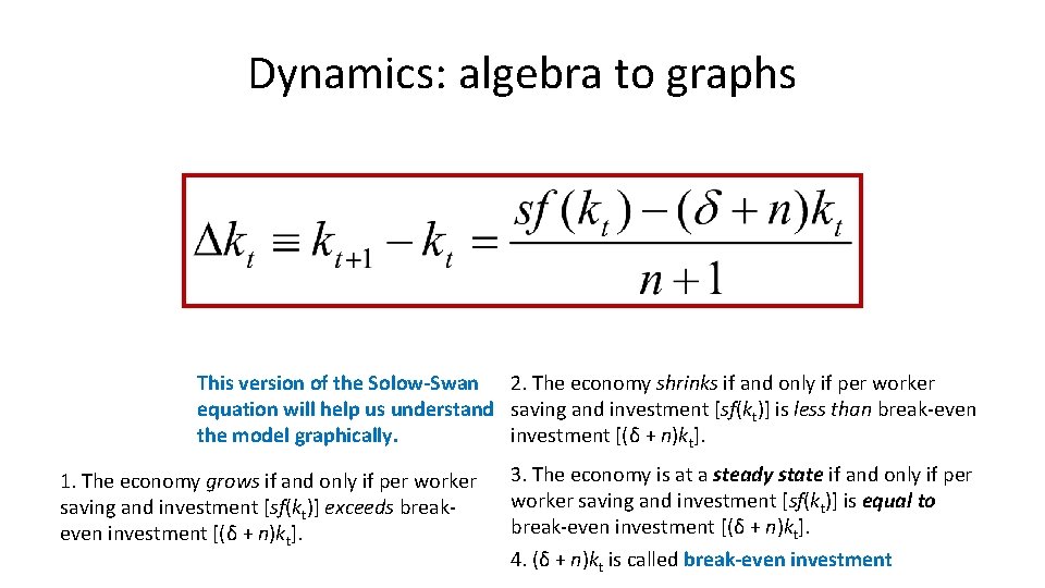 Dynamics: algebra to graphs This version of the Solow-Swan 2. The economy shrinks if Dynamics: algebra to graphs This version of the Solow-Swan 2. The economy shrinks if